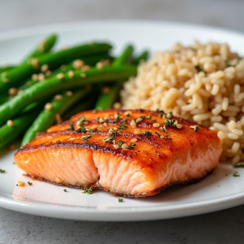 Seared Salmon with Steamed Green Beans and Brown Rice