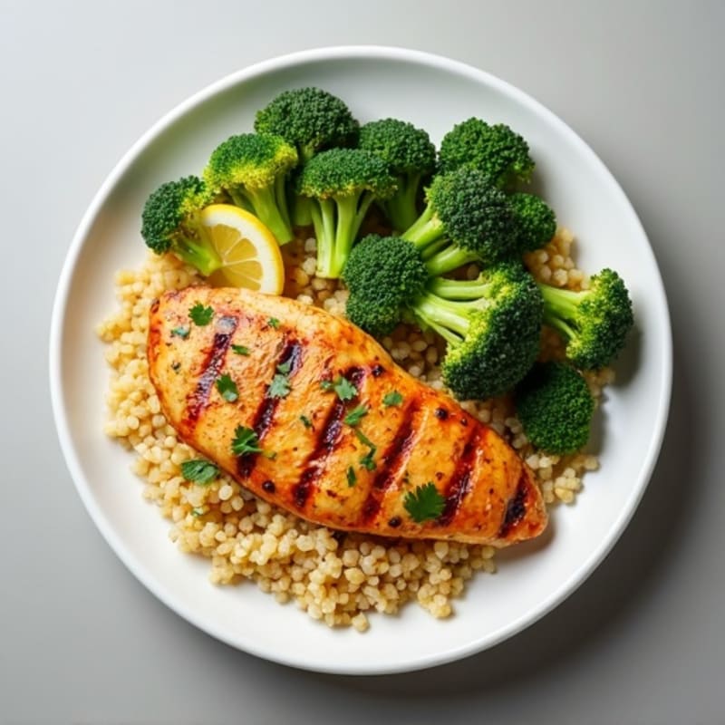 Grilled Lemon-Garlic Chicken Breast with Quinoa and Roasted Broccoli