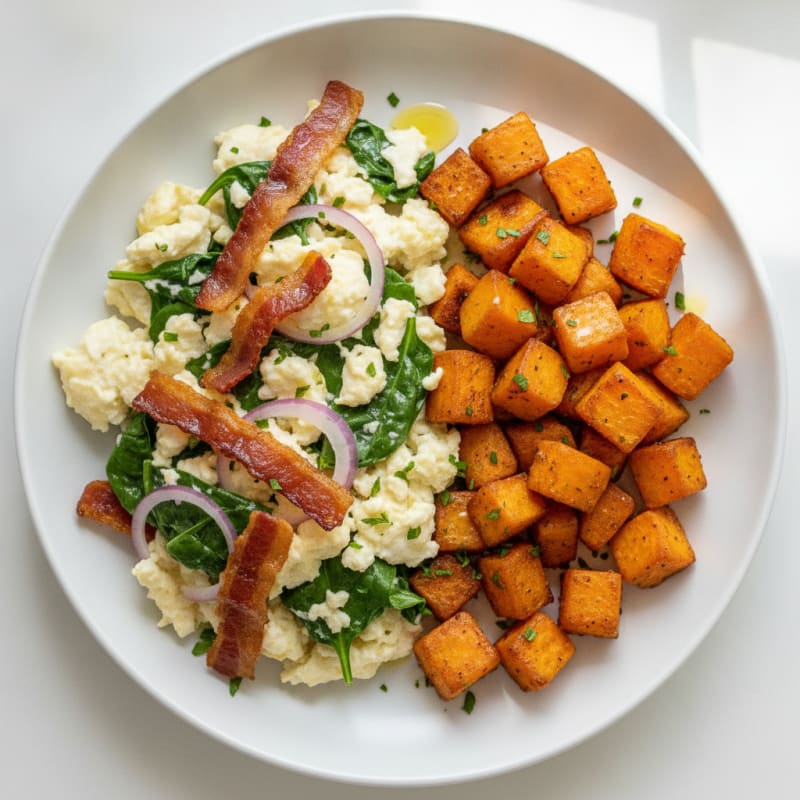 Crispy Turkey Bacon Egg White Scramble with Roasted Sweet Potato