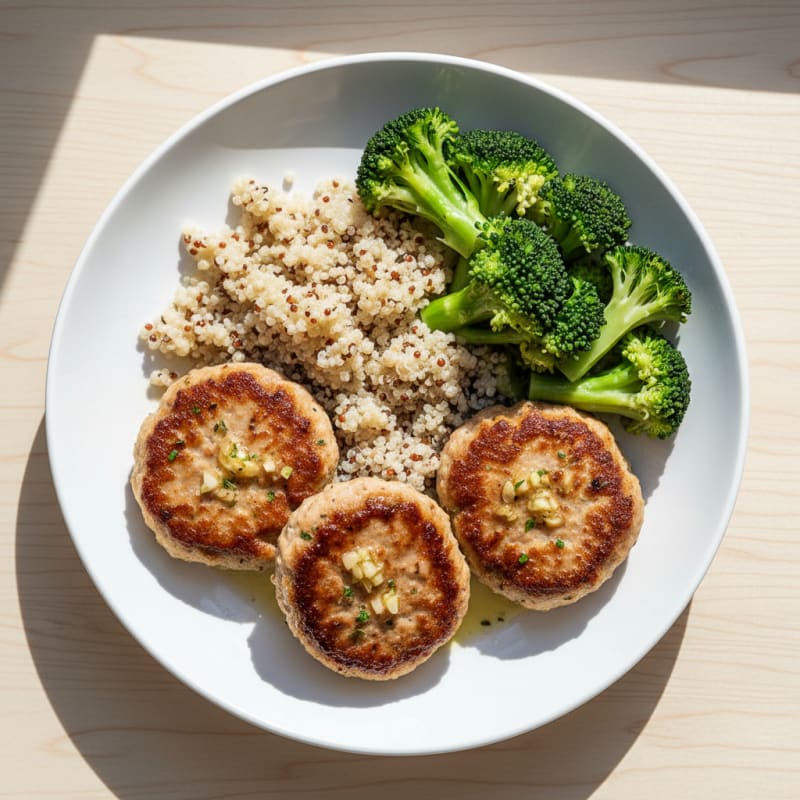 Seared Turkey Patties with Steamed Broccoli and Quinoa