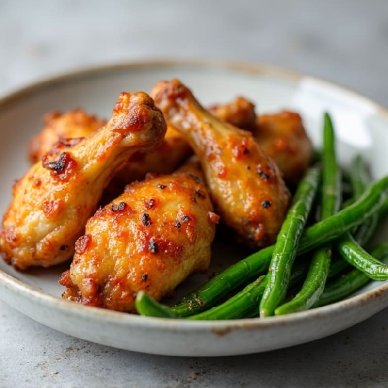 Crispy Baked Honey Garlic Chicken Wings with Roasted Green Beans