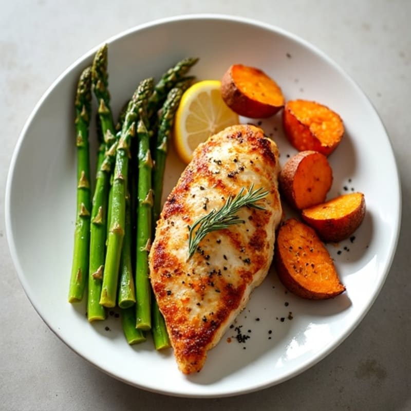 Crispy Lemon Herb Chicken with Roasted Asparagus and Sweet Potato