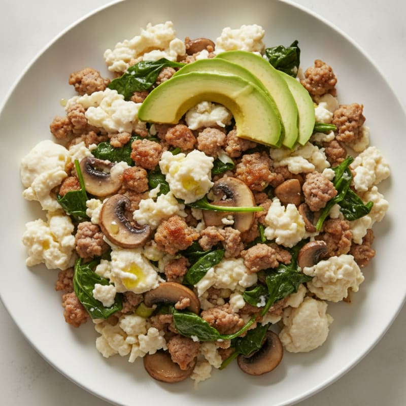 Egg White and Turkey Sausage Scramble with Spinach and Mushrooms