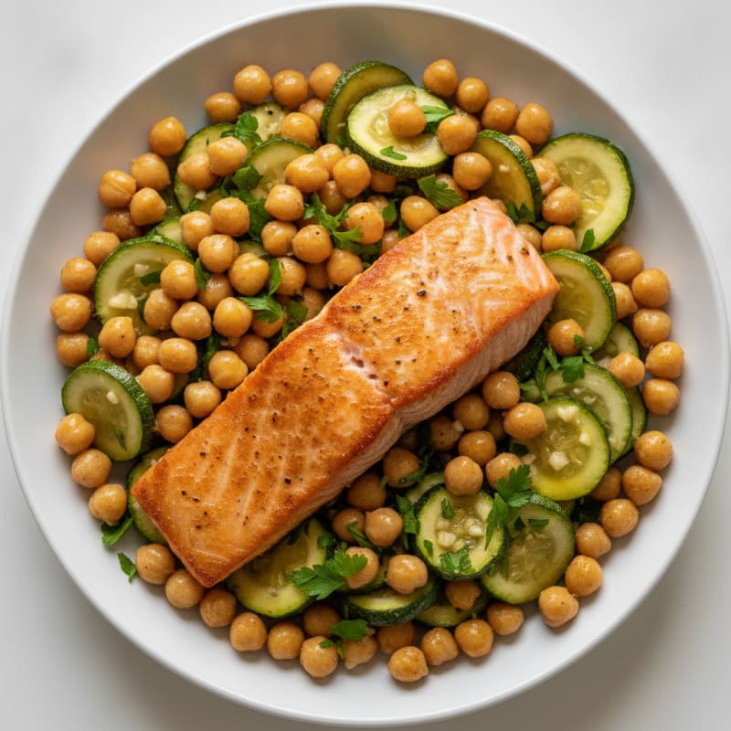 Seared Salmon with Roasted Zucchini and Chickpea Salad