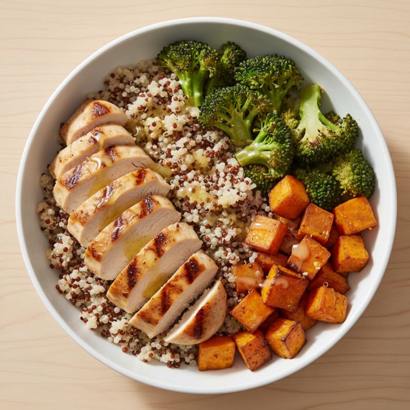 Grilled Chicken and Quinoa Power Bowl with Roasted Sweet Potato and Crunchy Broccoli