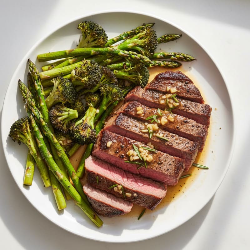 Herb-Seared Steak with Roasted Broccoli and Asparagus