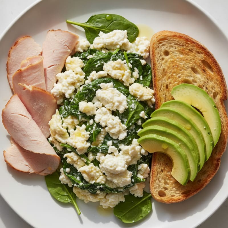 Egg White Spinach Scramble with Cottage Cheese and Sliced Turkey