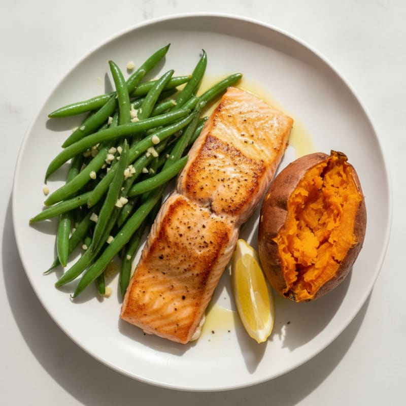 Seared Salmon with Garlic Green Beans and Baked Sweet Potato