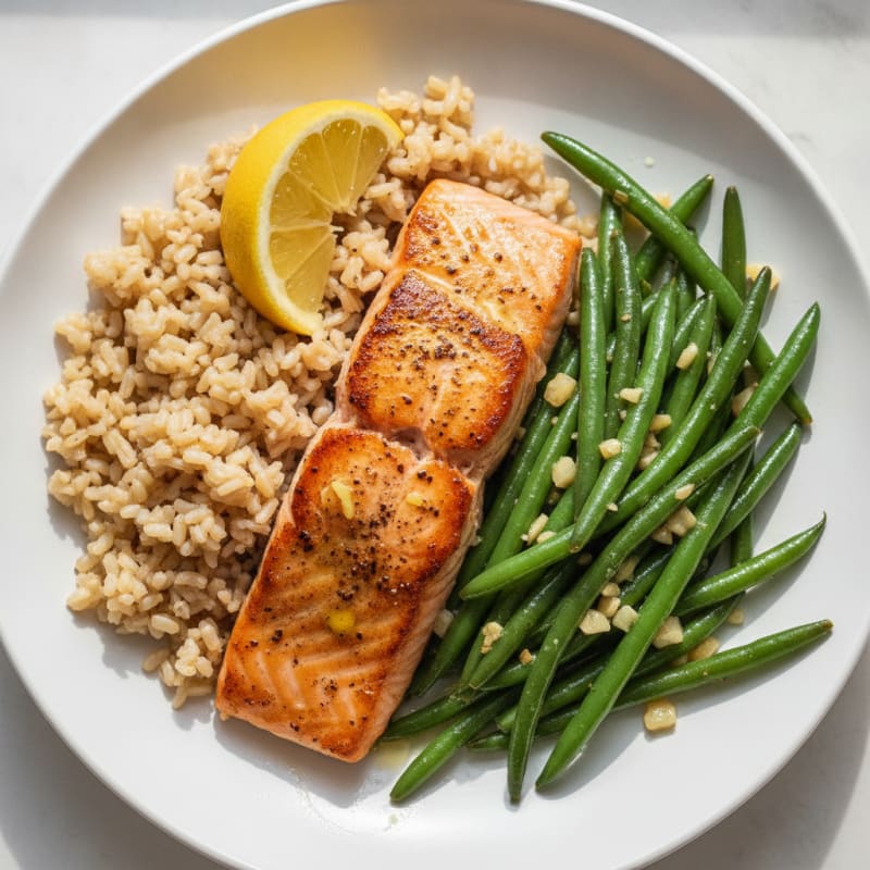 Seared Salmon with Garlic Green Beans and Brown Rice