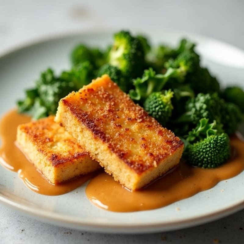 Crispy Baked Tofu with Peanut Sauce and Steamed Greens