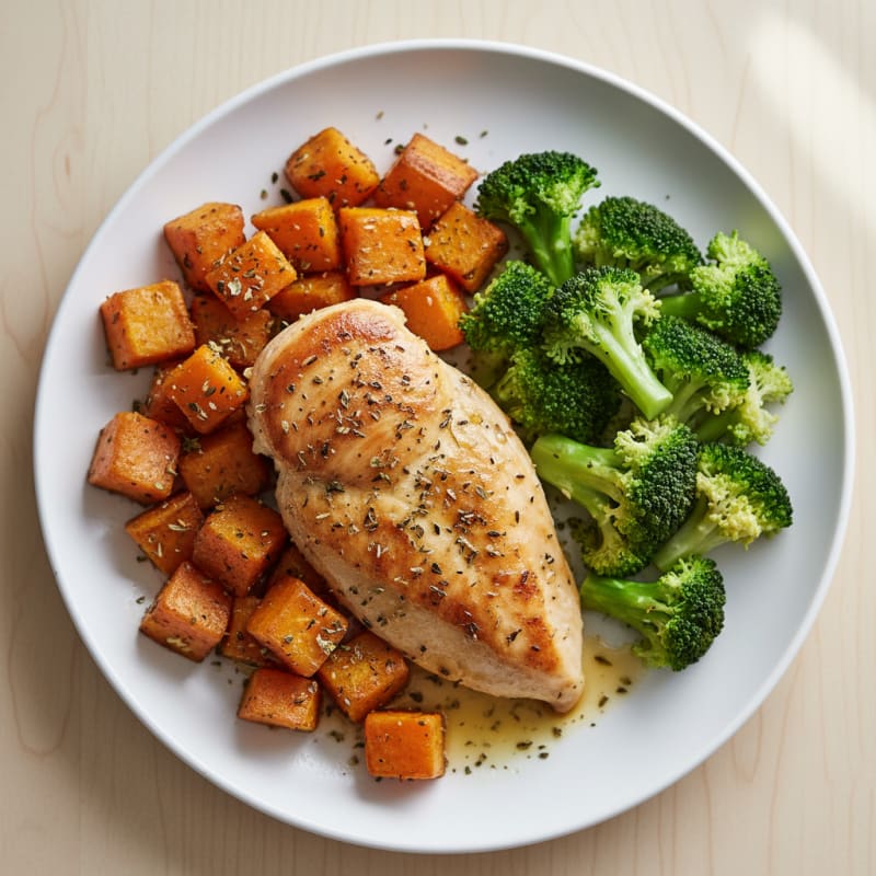 Herb-Baked Chicken Breast with Roasted Sweet Potato and Steamed Broccoli