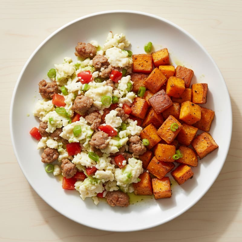 Egg White and Turkey Sausage Scramble with Roasted Sweet Potatoes