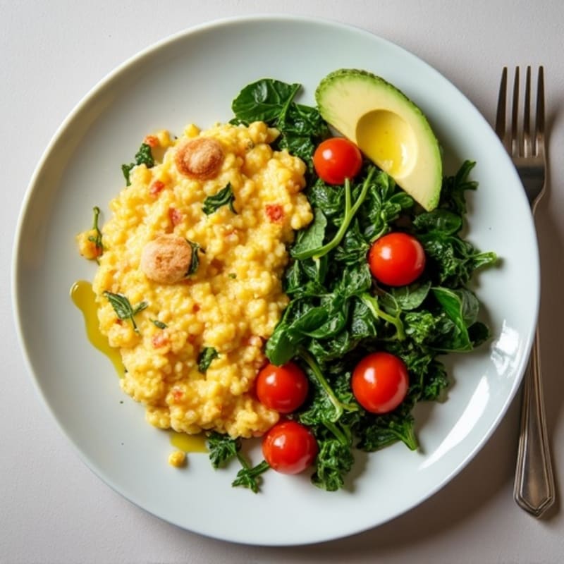 Cottage Cheese Egg White Scramble with Spinach and Cherry Tomatoes