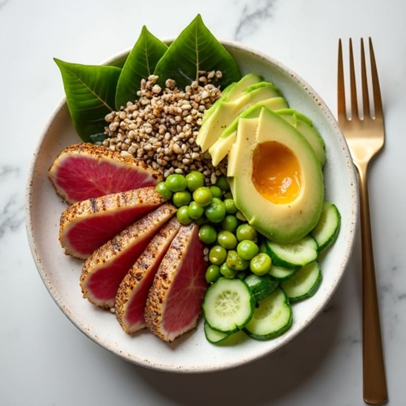 Fresh Seared Tuna Poke Bowl with Avocado-Cucumber Crunch