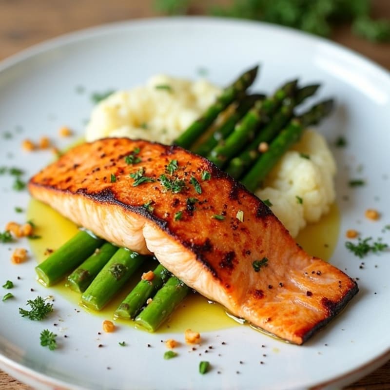 Seared Salmon with Steamed Asparagus and Garlic Cauliflower Mash