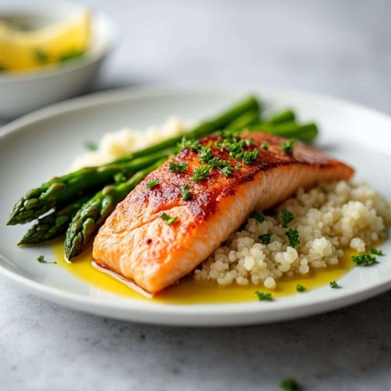 Seared Salmon with Steamed Asparagus and Cauliflower Rice