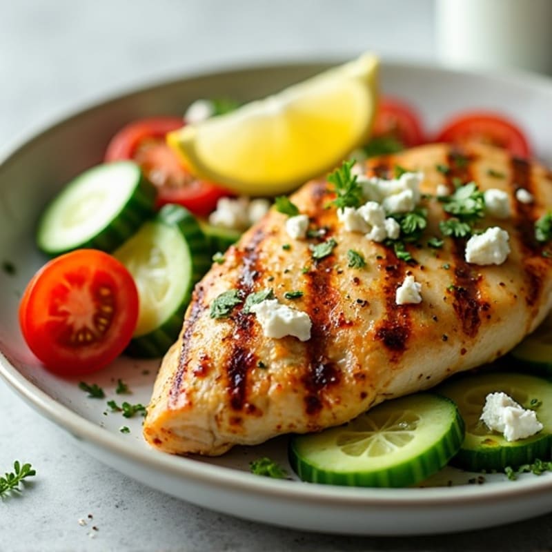 Lemon-Herb Grilled Chicken with Fresh Cucumber Tomato Salad and Feta