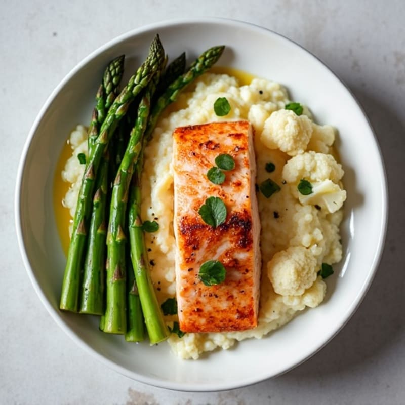 Seared Salmon Fillet with Steamed Asparagus and Cauliflower Mash