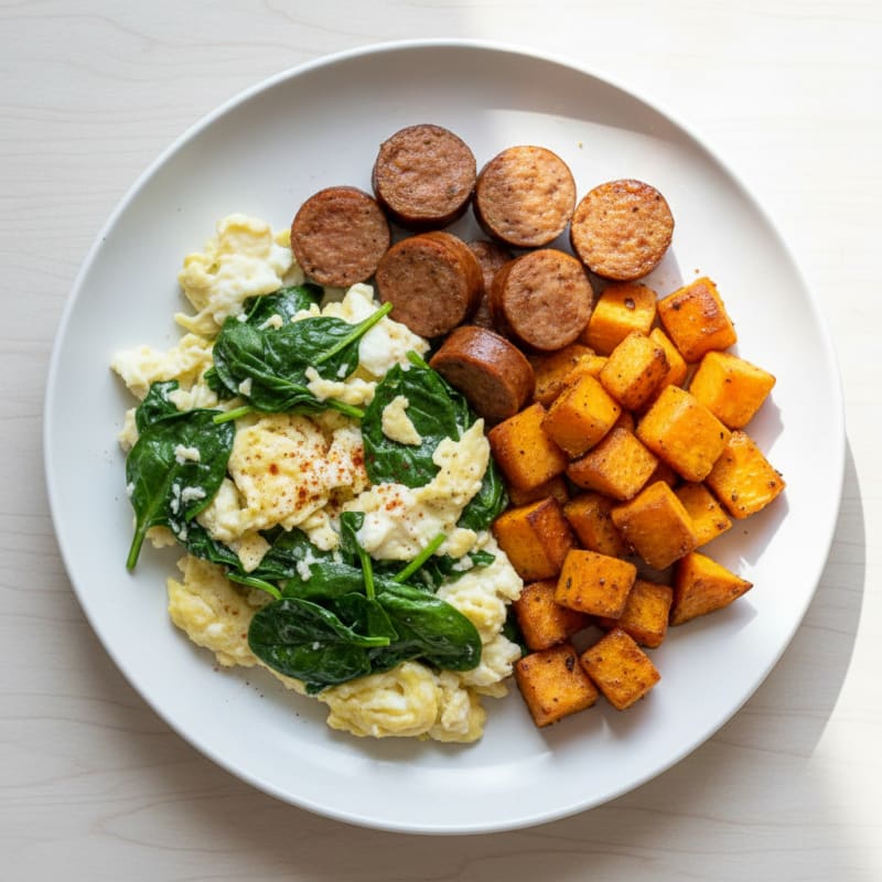 Egg White and Spinach Scramble with Turkey Sausage and Roasted Sweet Potatoes