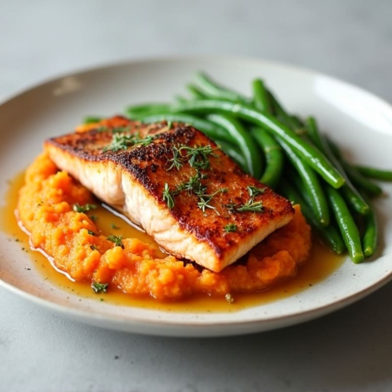Seared Salmon with Steamed Green Beans and Sweet Potato Mash