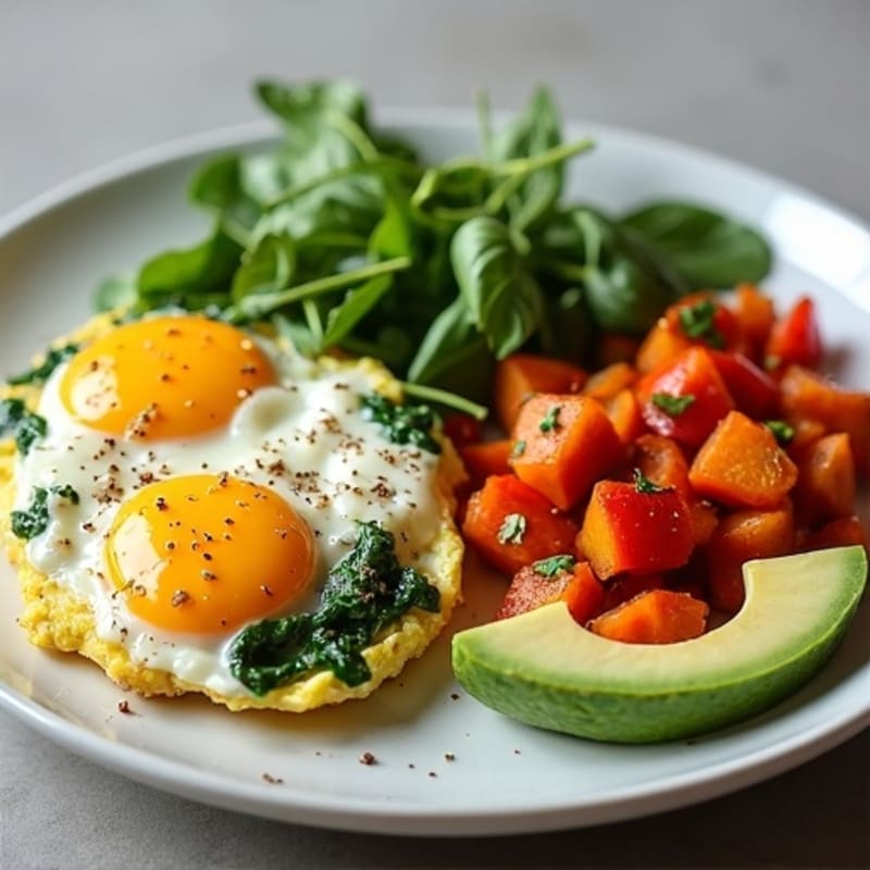 Crispy Turkey Sausage and Spinach Egg Scramble with Sweet Potato Hash