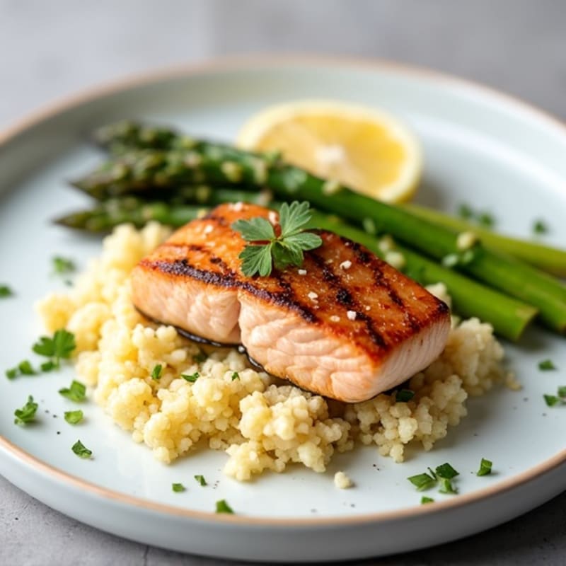 Seared Salmon with Steamed Asparagus and Cauliflower Rice