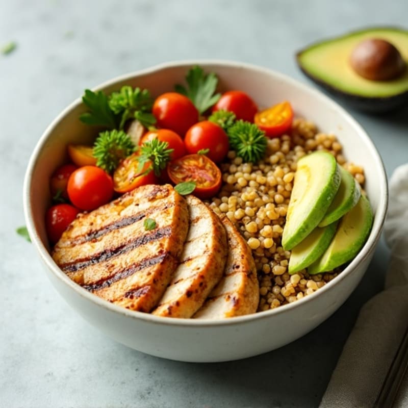 Grilled Chicken Breast and Quinoa Power Bowl with Roasted Vegetables