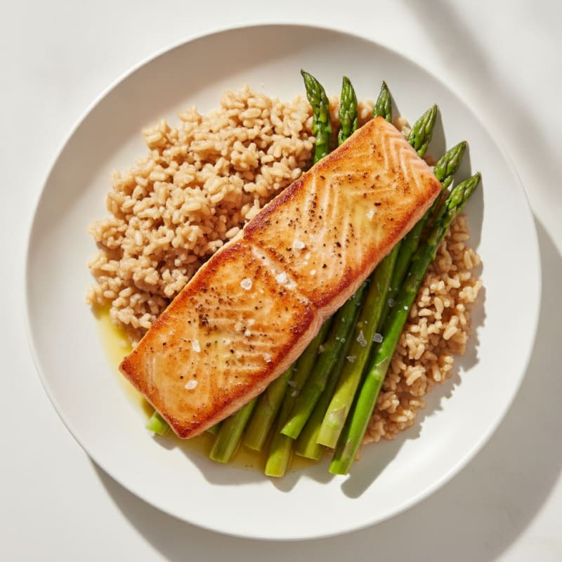Seared Salmon with Steamed Asparagus and Brown Rice