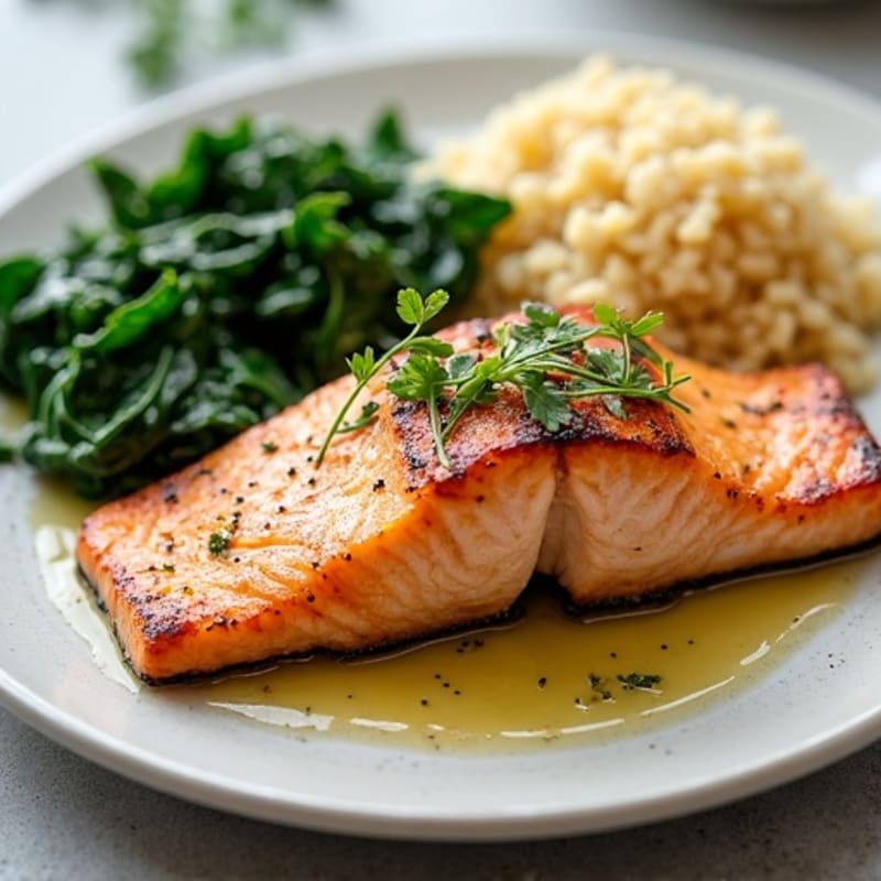 Seared Salmon Fillet with Garlic Sautéed Spinach and Quinoa