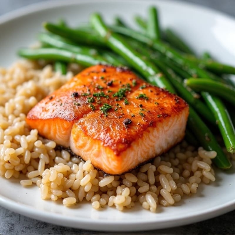 Seared Salmon with Garlic Green Beans and Brown Rice