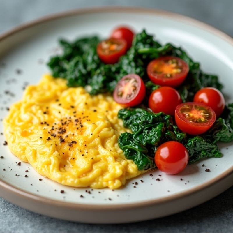 Quick Scrambled Eggs with Sautéed Spinach and Cherry Tomatoes