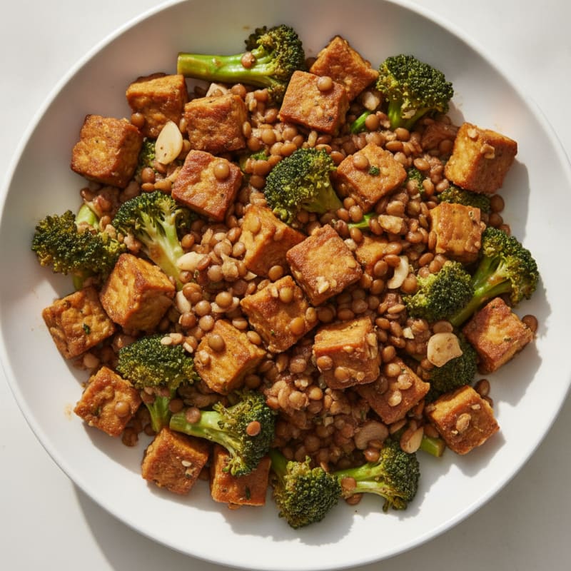 Lentil and Tempeh Stir Fry with Broccoli