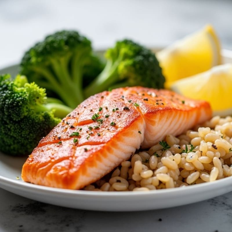 Seared Salmon with Steamed Broccoli and Brown Rice
