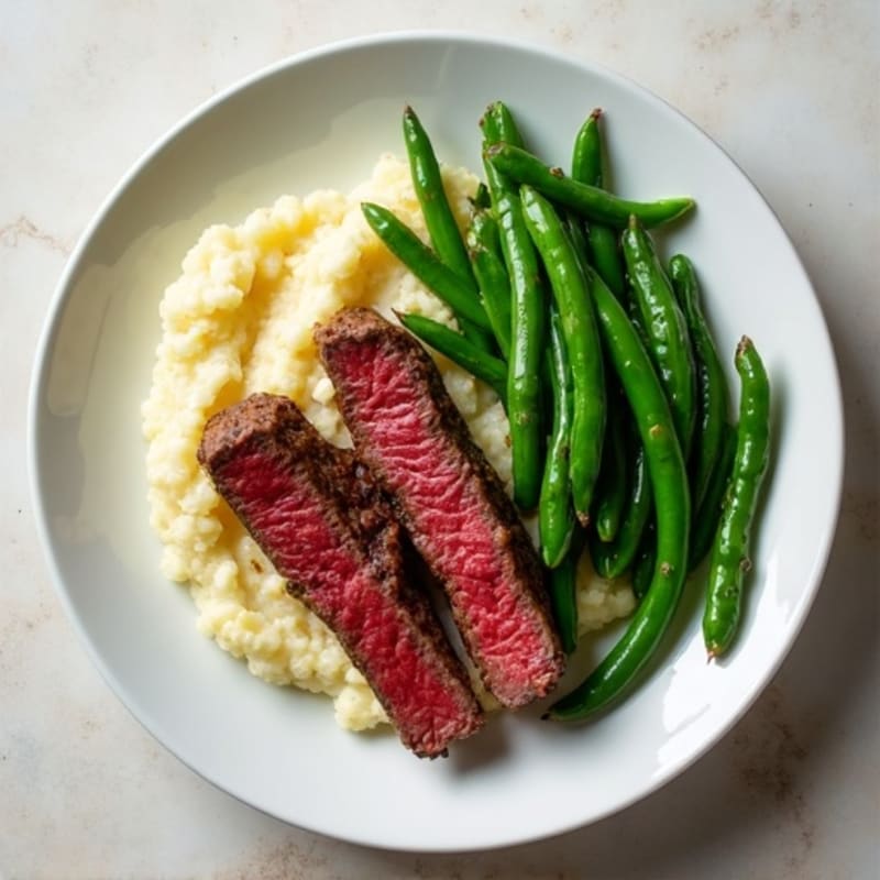 Seared Lean Beef Strips with Steamed Green Beans and Cauliflower Mash