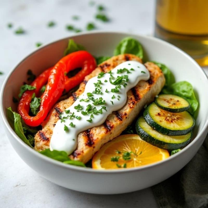 Grilled Chicken and Roasted Vegetable Bowl with Herb Yogurt Sauce