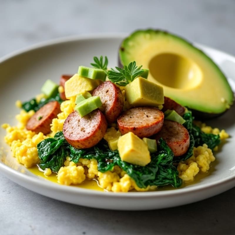 Egg White and Turkey Sausage Scramble with Sautéed Spinach