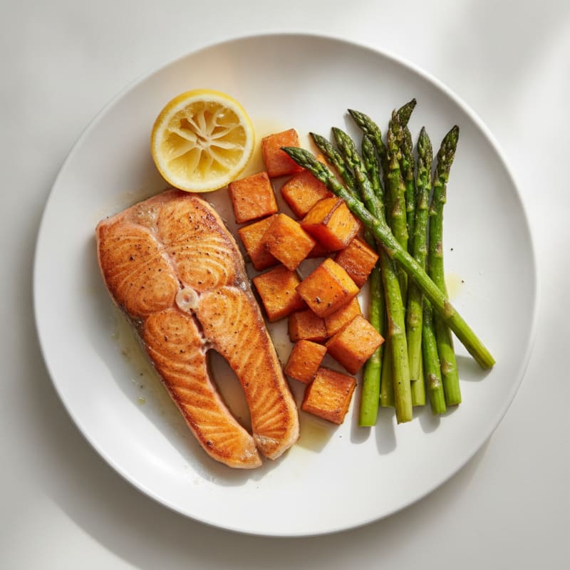Seared Salmon with Roasted Sweet Potato and Asparagus