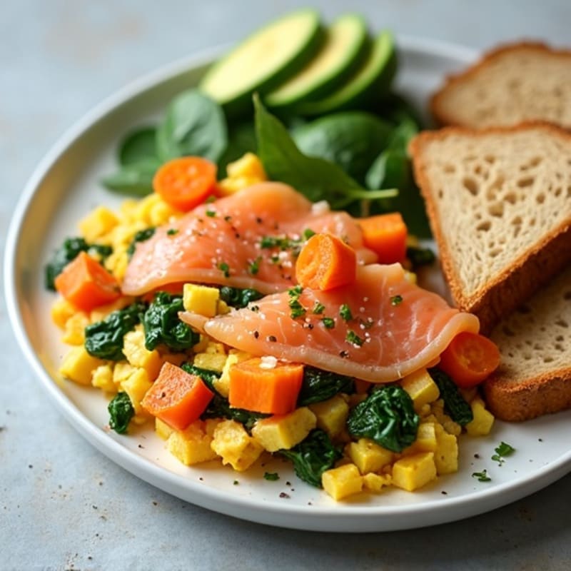 Egg White Scramble with Roasted Sweet Potatoes, Spinach & Smoked Salmon