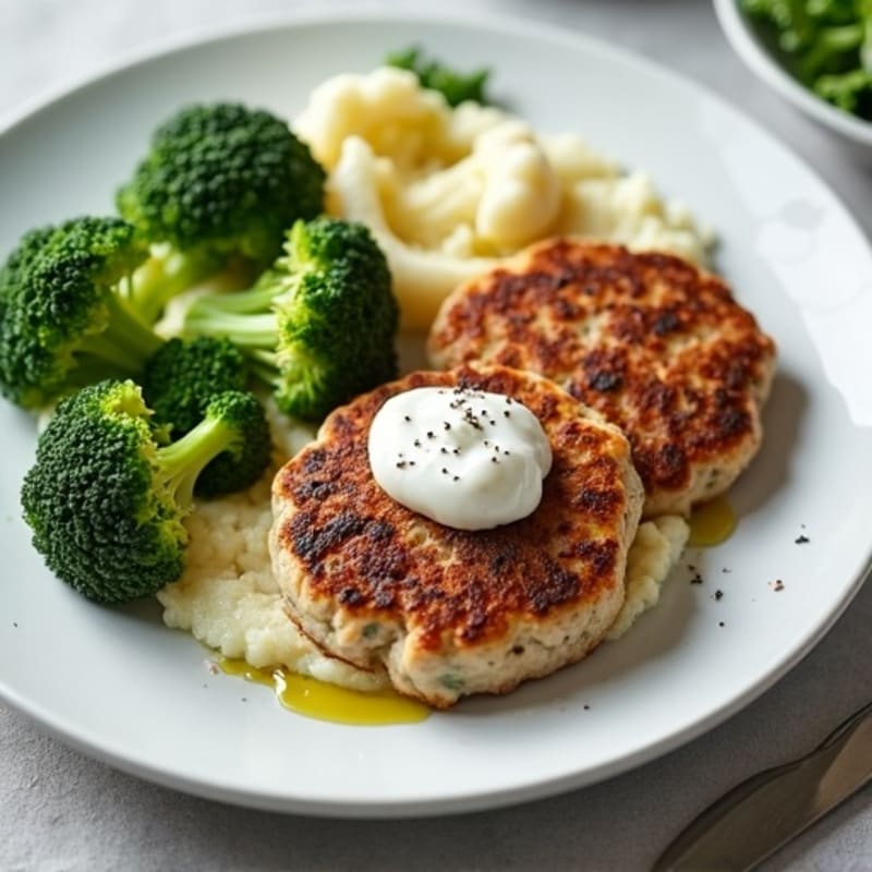 Seared Turkey Patties with Steamed Broccoli and Cauliflower Mash