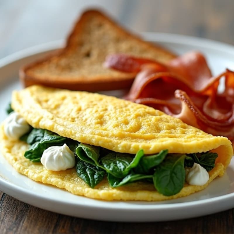 Egg White Spinach Omelet with Cottage Cheese and Turkey Bacon