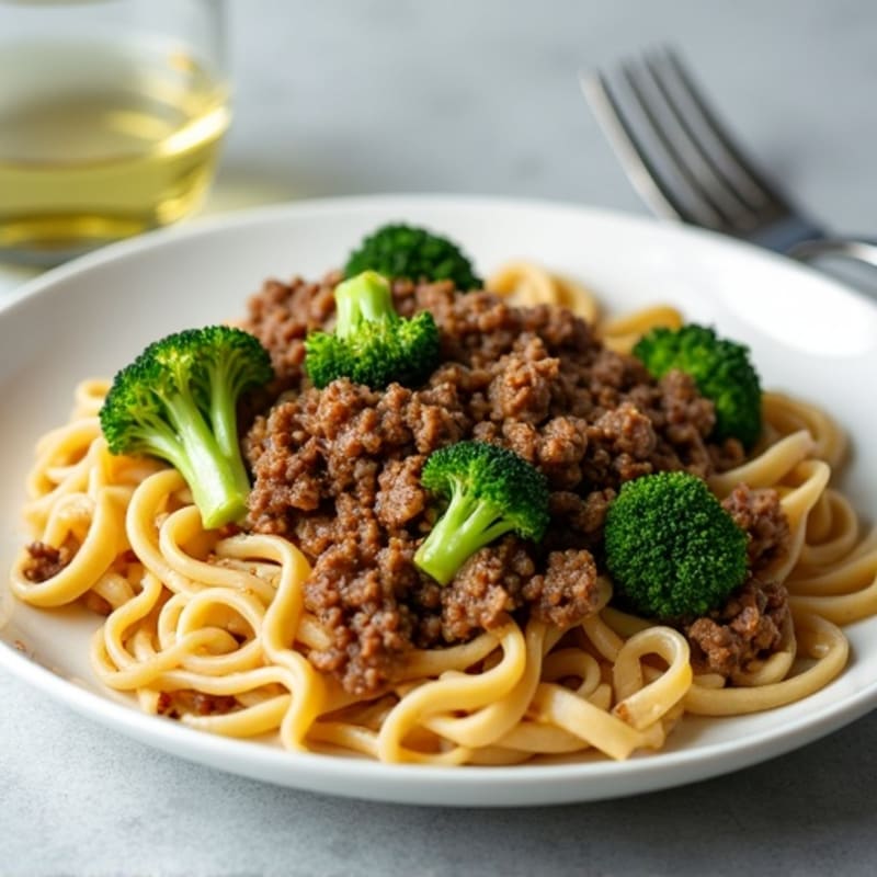 Garlic Ground Beef with Roasted Broccoli and Noodles