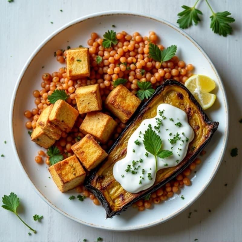 Baked Tofu and Eggplant with Creamy Yogurt Herb Sauce