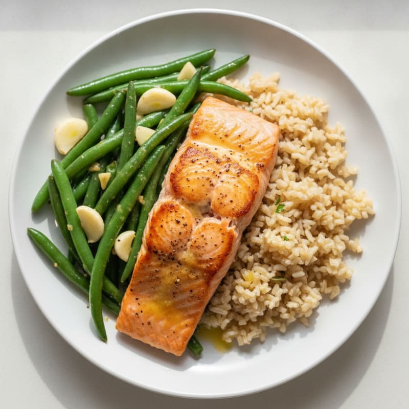 Seared Salmon with Garlic Green Beans and Brown Rice