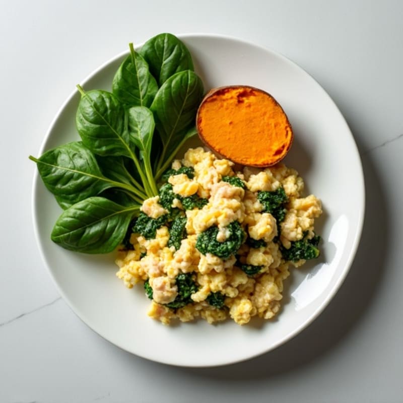 Egg White and Turkey Spinach Scramble with Roasted Sweet Potato