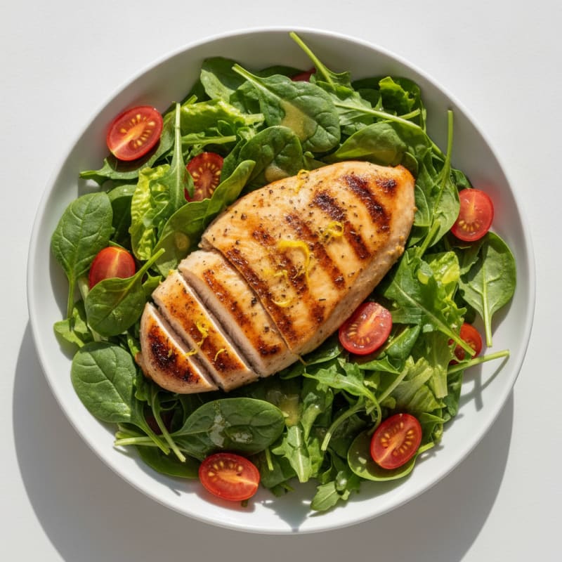 Grilled Chicken Breast over Mixed Greens with Cherry Tomatoes