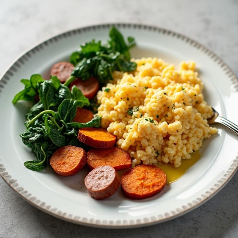 Egg White and Turkey Sausage Scramble with Spinach and Roasted Sweet Potato