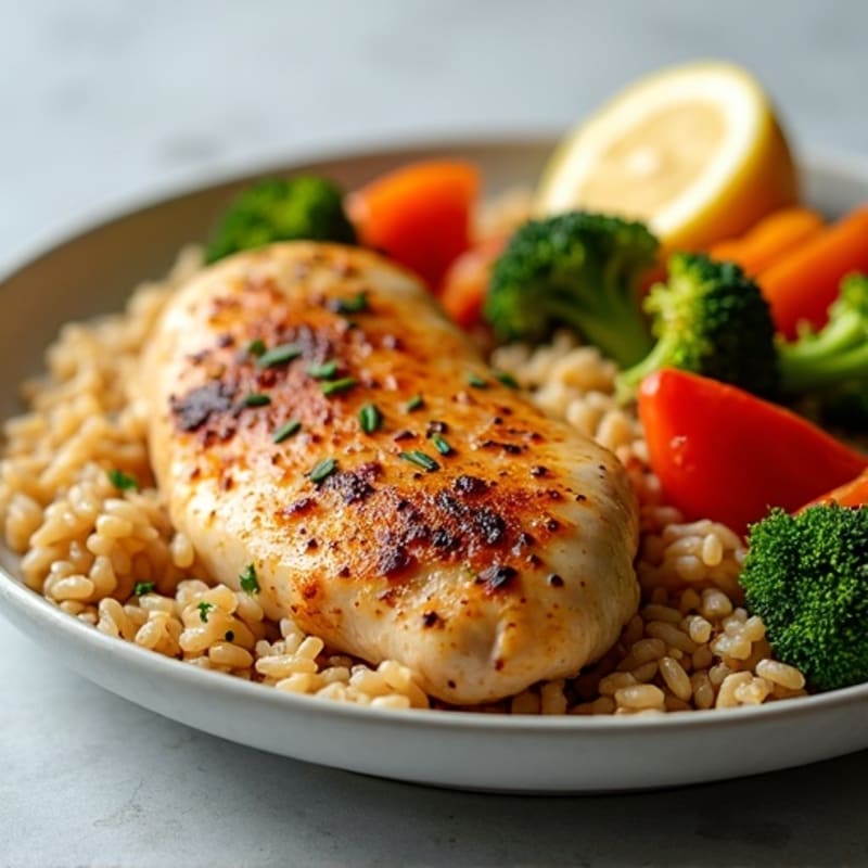 Sheet Pan Lemon-Garlic Chicken and Crispy Roasted Vegetables with Brown Rice