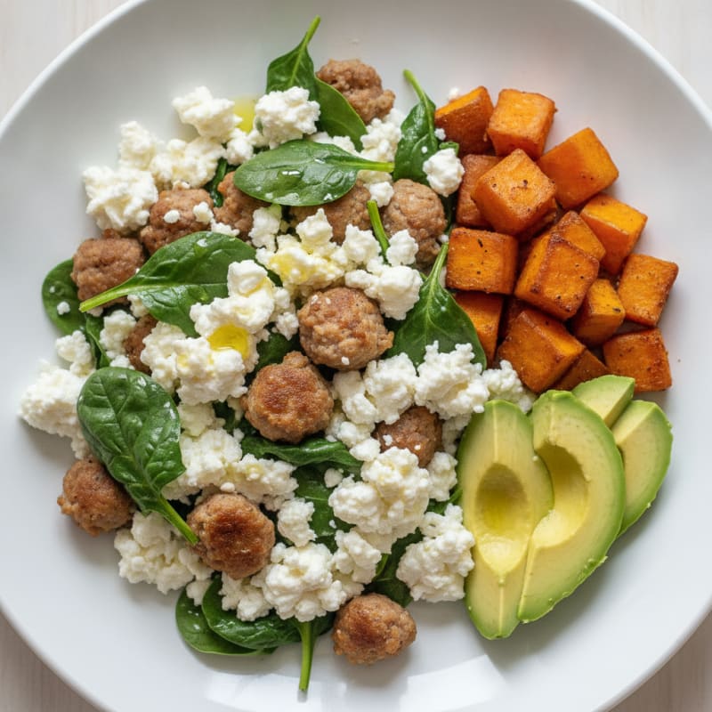 Egg White and Turkey Sausage Scramble with Cottage Cheese and Spinach
