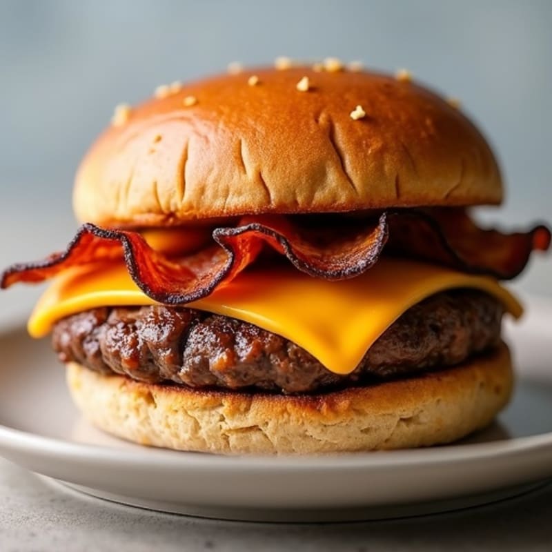 Lean Beef Burgers with Crispy Turkey Bacon and Melted Sharp Cheddar