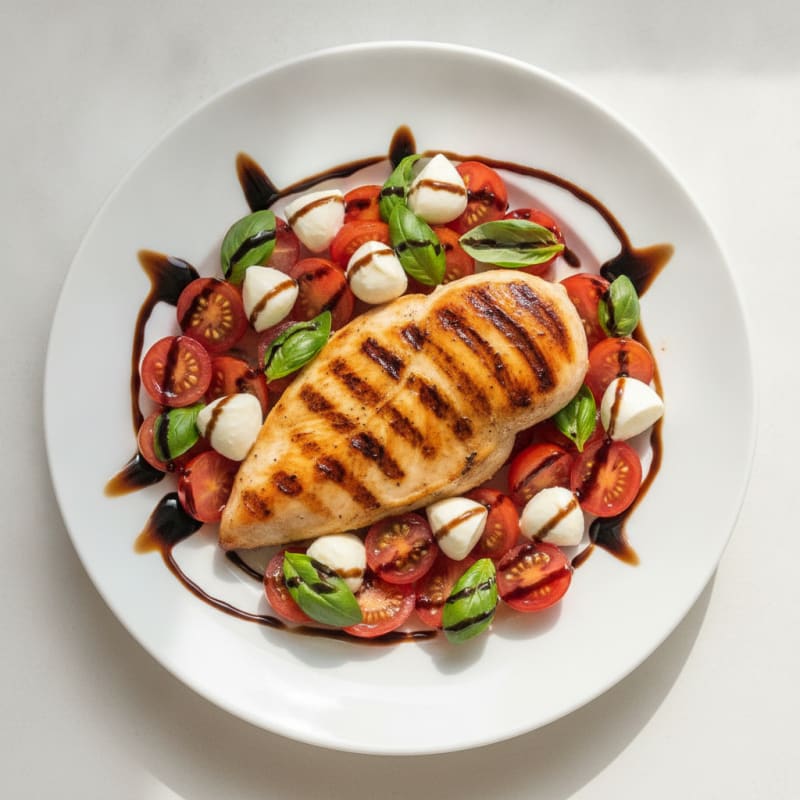 Grilled Chicken Breast with Tomato Basil Salad and Balsamic Glaze
